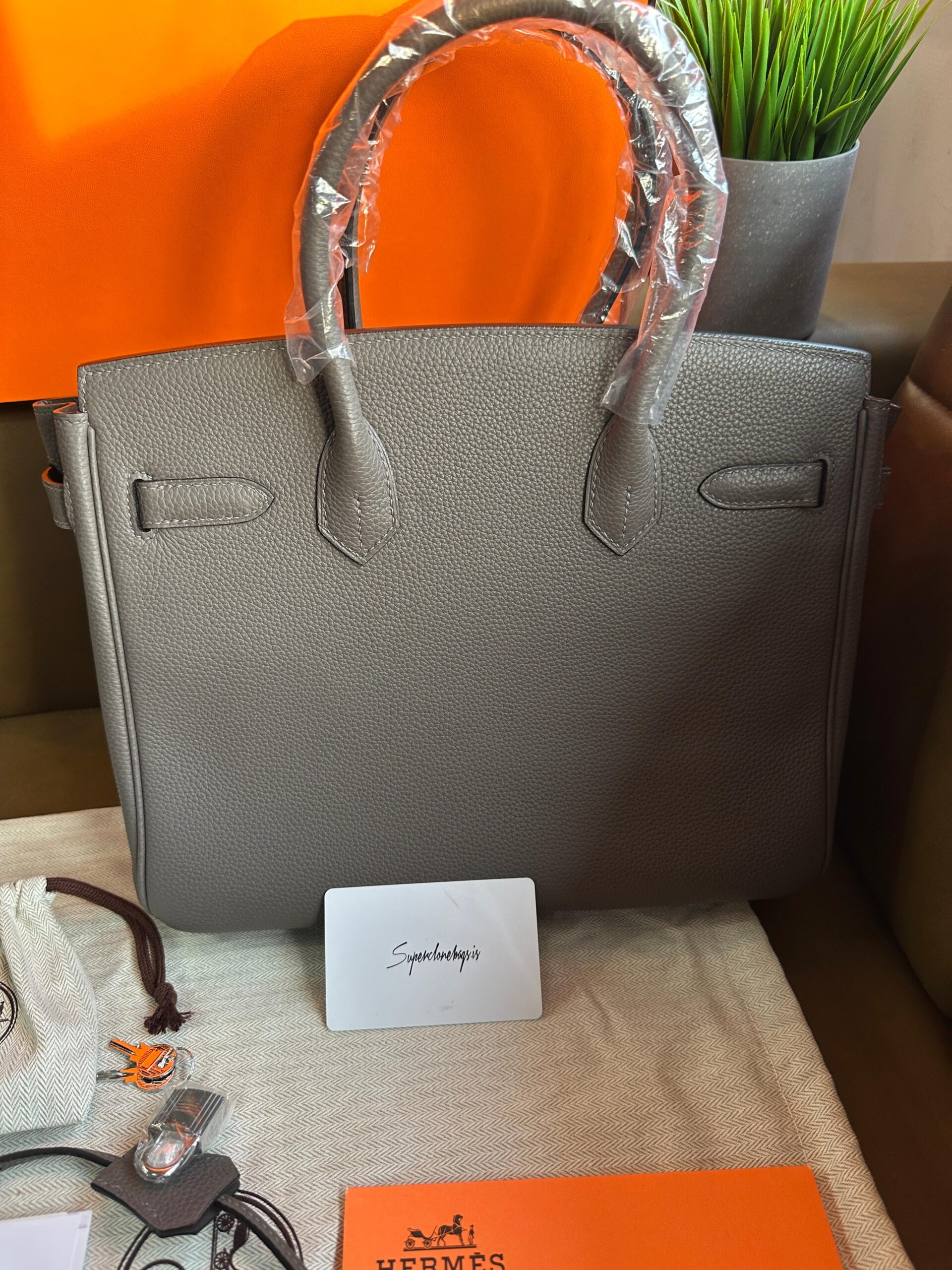 Hermes Birkin 30 Grey Togo Leather Gris Etain Hand Made Replica Bag - Image 6