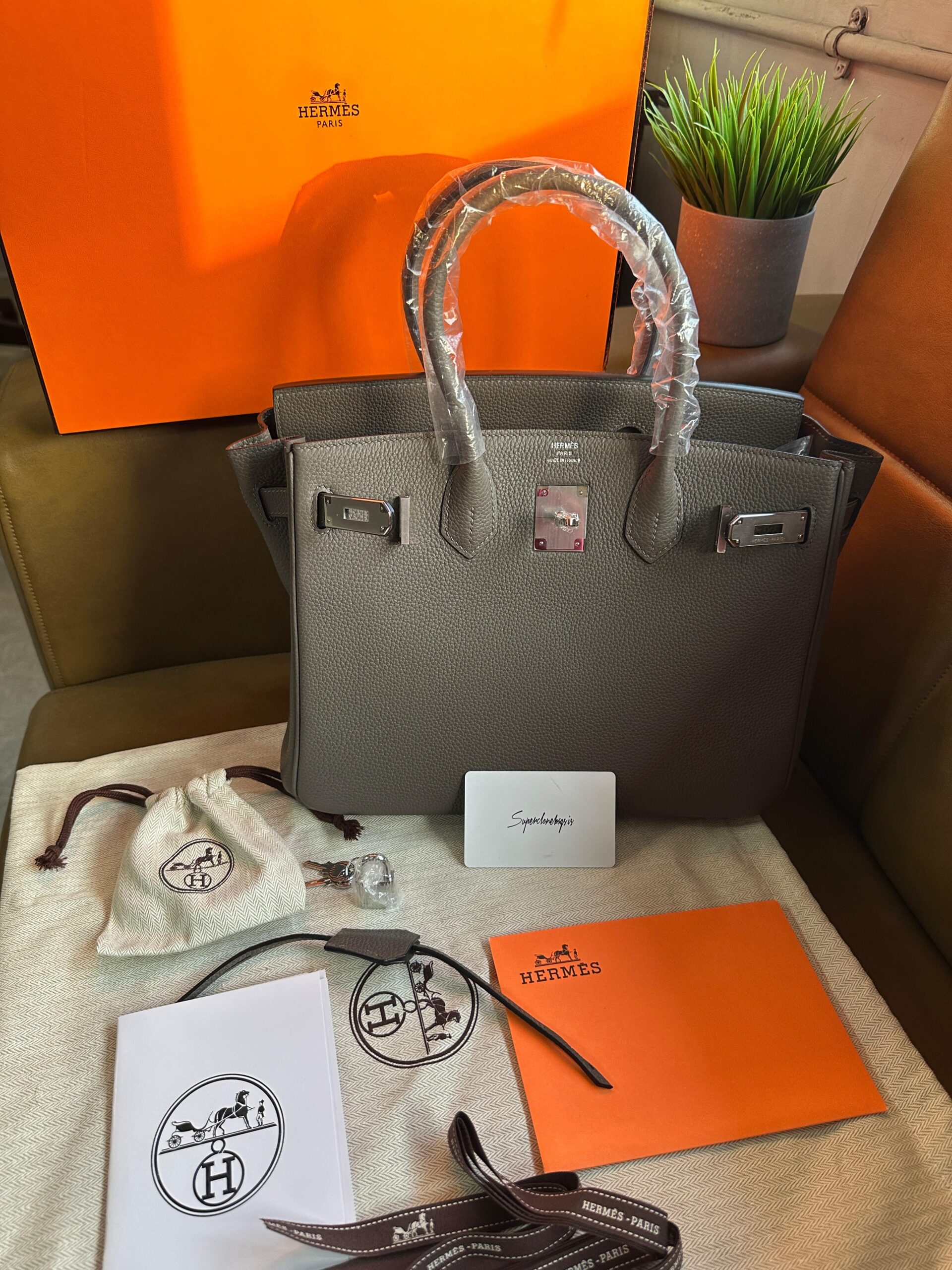 Hermes Birkin 30 Grey Togo Leather Gris Etain Hand Made Replica Bag - Image 12